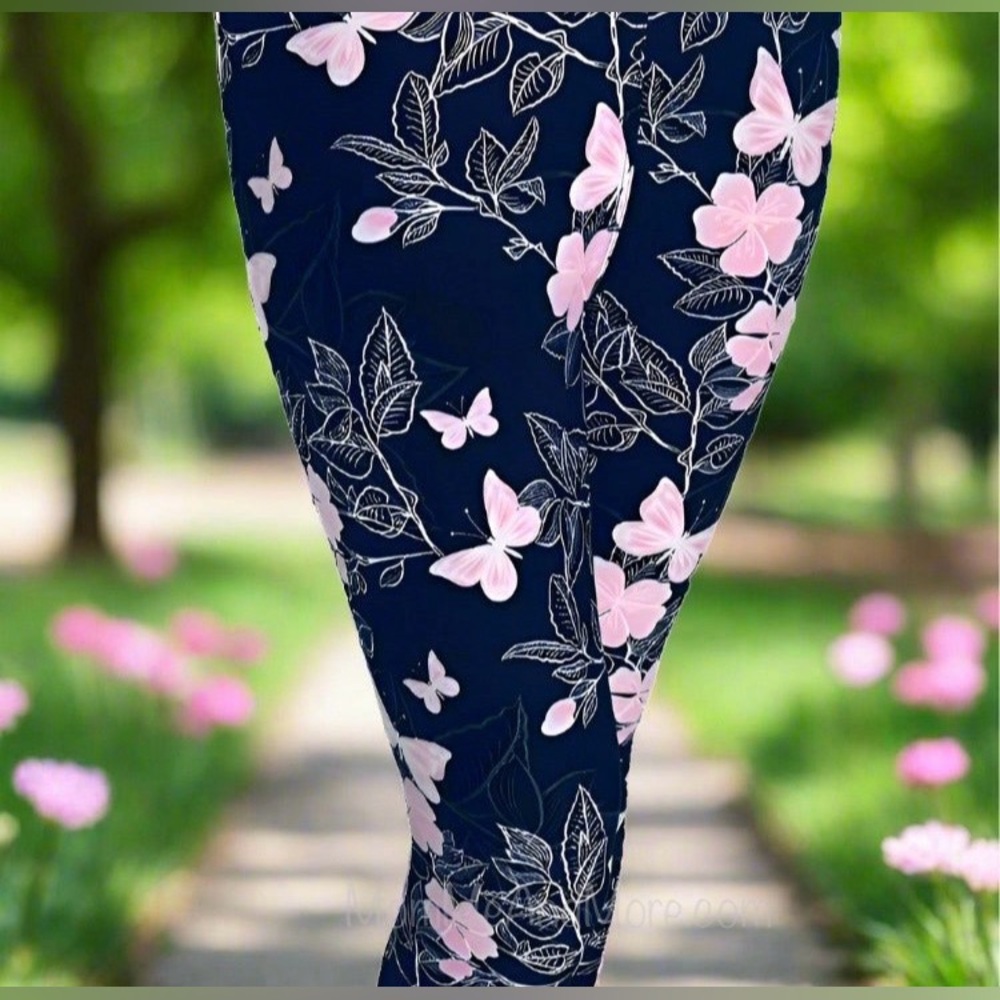 OS/XPlus NEW Womens Pink Butterfly Leggings, Soft Yoga Pants